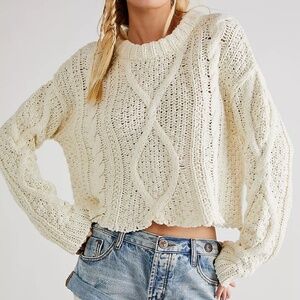 Free People Cream Cable Knit Sweater Cropped Chunky Cutting Edge M